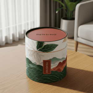 Tube en papier cylindrique coloré avec motif de feuilles, adapté pour l'emballage de cadeaux ou de vente au détail, design personnalisé disponible