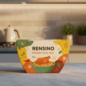 チキンカレーライスのイラストが施されたカラフルな紙食品パッケージボックス、小売およびギフト目的に適しています