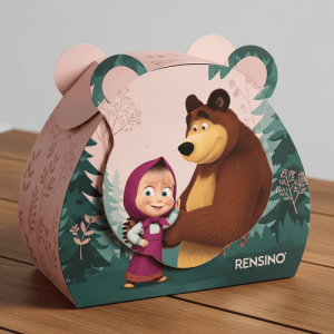 Boîte-cadeau en papier rose avec illustration d'ours et de fille, adaptée aux cadeaux pour enfants et à l'affichage en magasin, design personnalisé disponible