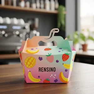 Caixa de presente de papel com padrão de frutas colorido e alça, adequada para embalagens de varejo ou presente