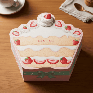 Boîte-cadeau avec motif fraise rose et structure rigide, design personnalisé disponible