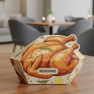 Bunte Papierbox mit Illustration von Brathähnchen, geeignet für Geschenk- oder Lebensmittelverpackungen, individuelles Design verfügbar