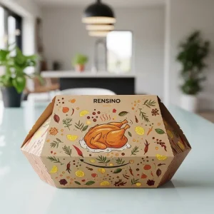 Bunte Papierbox mit Illustration von Brathähnchen, geeignet für Geschenk- oder Lebensmittelverpackungen, individuelles Design verfügbar