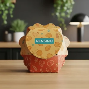 Caixa de papel colorida com padrão de frango e biscoito, adequada para embalagem de presente ou varejo