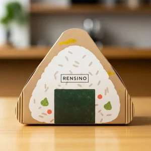 Beigefarbene dreieckige Papierbox mit Reisballe-Illustration, geeignet für Geschenk- oder Einzelhandelsverpackung