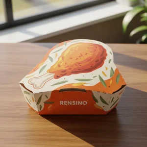 Caixa de papel colorida com ilustração de galinha, adequada para embalagem de alimentos e presente, design personalizado disponível