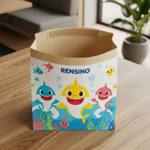 Sacola de Papel Colorida com Padrão de Tubarão em Desenho Animado, Adequada para Embalagem de Presentes e Varejo, Design Personalizado Disponível