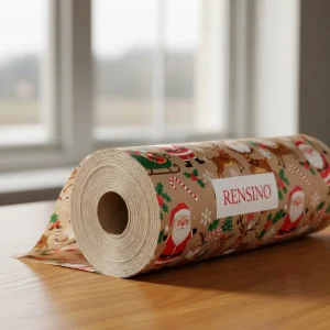 Rollo de papel kraft con temática navideña con patrón de Santa y renos, personalizable para empaques de regalos o venta al por menor