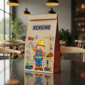 Boîte cadeau en papier brun avec illustration de travailleur de la construction, design personnalisé disponible