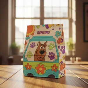Sacola de Papel Colorida com Cão de Desenho Animado e Padrão Floral, Adequada para Embalagem de Presentes ou Varejo