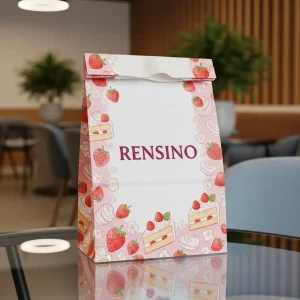 Sacchetto regalo di carta rosa con motivo di fragole e torta, adatto per regali, vendita al dettaglio o esposizione, fabbrica con capacità di personalizzazione