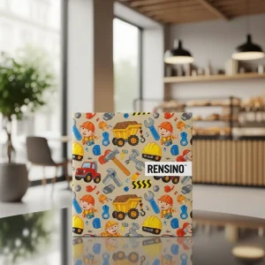 Scatola regalo di carta a tema costruzione colorata con personaggi giocattolo e attrezzi, adatta per regali per bambini o esposizione al dettaglio