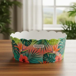 Boîte cadeau en papier avec motif tropical coloré et bord festonné, adaptée pour les cadeaux, la vente au détail ou l'emballage d'affichage