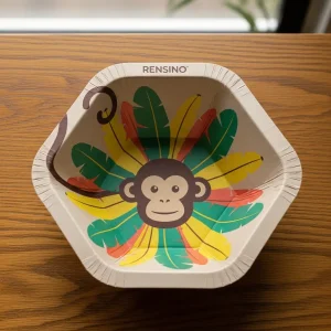 Tigela de Papel Colorida com Padrão de Macaco e Folha, Adequada para Uso em Festas ou Lanches