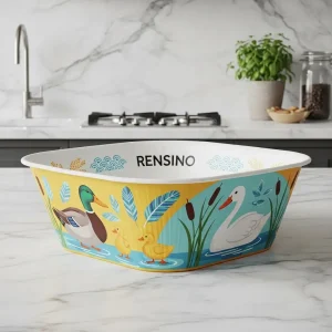 Tigela de Papel Colorida com Padrão de Pato e Cisnes, Adequada para Alimentos ou Exibição, Impressão de Alta Qualidade e Personalização Disponível