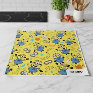 Bolsa de papel con patrón de Minions amarillos y logotipo de RENSINO, adecuada para empaque de regalos o minorista