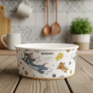 Ciotola di carta bianca con motivo di gatto e topo dei cartoni animati, adatta per confezioni di cibo o snack, design personalizzato disponibile