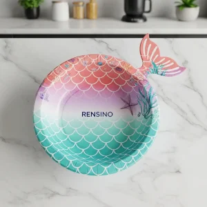 Prato de Papel com Padrão de Cauda de Sereia Colorida e Padrão Oceânico, Adequado para Embalagem de Festa e Presentes