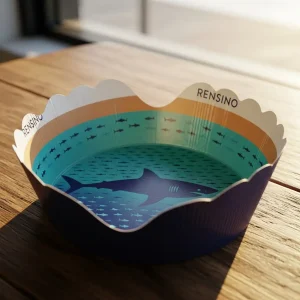 Gobelet en papier avec motif de poisson bleu et bords froncés, adapté pour l'affichage ou l'utilisation en vente