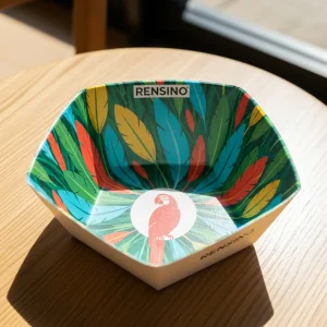 Tigela de papel hexagonal colorida com padrão de papagaio e folha, adequada para embalagens de presente ou exibição, design personalizado disponível