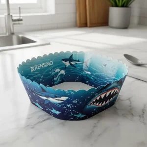Bol en papier avec motif de requin bleu, adapté pour la nourriture, les cadeaux ou l'emballage de vente au détail, conception personnalisée disponible