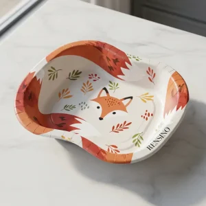 Tigela de Papel Colorida com Padrão de Raposa e Folha, Adequada para Uso em Lanches ou Festas, Impressão Personalizada Disponível