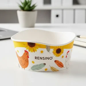 ヒマワリと鶏のパターンの白い紙食品容器、カスタムデザイン可能