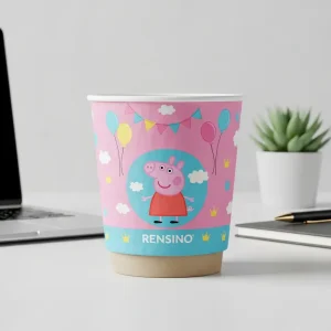 Gobelet en papier rose avec illustration de Peppa Pig, adapté pour un cadeau, la vente au détail ou l'emballage d'exposition