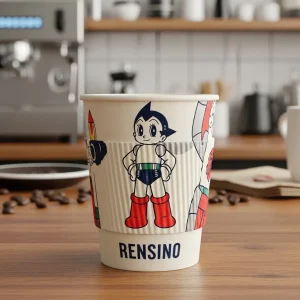 Gobelet en papier blanc avec personnage de dessin animé, adapté pour l'emballage de boissons ou de vente au détail, conception personnalisée disponible