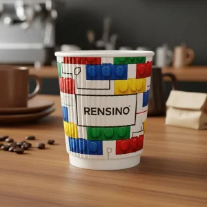 Bunter Pappbecher mit LEGO-Muster, geeignet für Geschenke oder Einzelhandelspräsentation, individueller Druck verfügbar