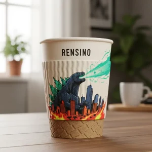 Gobelet en papier kraft avec design de dinosaure coloré et de paysage urbain, adapté pour l'emballage de boissons et de détail, personnalisable avec logo