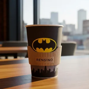 Schwarzer Pappkaffee-Becher mit Batman-Logo und Stadt-Skyline, individuelles Design verfügbar