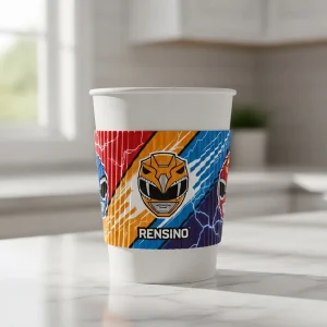 Tazza di Carta Bianca con Motivo di Fulmini Colorati e Logo RENSINO, Adatta per Imballaggio di Bevande