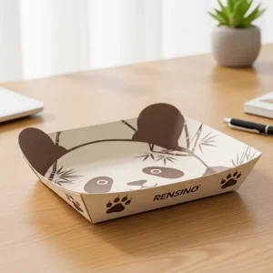Bandeja de papel blanca con patrón de panda y bambú, adecuada para empaque de regalo o venta al por menor, impresión personalizada disponible