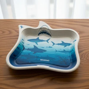 Papierablage in Form eines blauen Hais mit Ozeanmuster, geeignet für Snacks von Kindern oder dekorative Verwendung