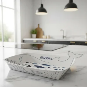Bandeja de papel blanca con ilustración de ballena, adecuada para empaques de regalo o exhibición, diseño personalizado disponible
