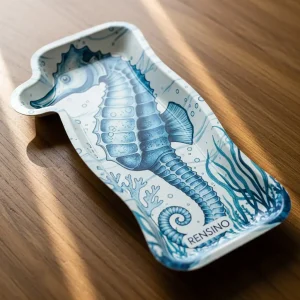 Blauer, seahorseförmiger Papiertray mit marinem Muster, geeignet für Geschenke oder zur Ausstellung, Fabrik mit F&E- und Anpassungsfähigkeiten