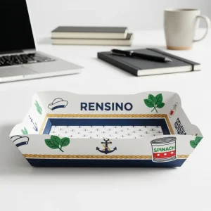 Vassoio di carta colorato con motivo nautico e vegetale, adatto per imballaggio alimentare o regali, design personalizzato disponibile