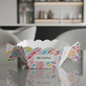 Boîte cadeau en papier avec motif de bonbons colorés et bords festonnés, adaptée pour les bonbons, les cadeaux de fête ou l'emballage de vente au détail, design et impression personnalisés disponibles