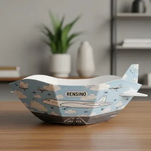 Boîte cadeau en papier bleu en forme de bateau avec motif d'avion, adaptée pour les jouets, les cadeaux ou l'affichage, conception personnalisée disponible