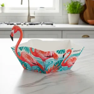Cesta de Papel com Padrão de Flamingo Colorido, Adequada para Exibição de Presentes ou Varejo, Design Personalizado Disponível