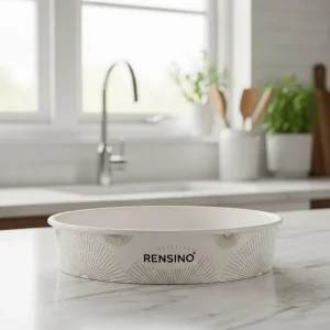 White Oval Paper Container with Rensino Logo, Suitable for Food or Retail Packaging, Eco-friendly and Customizable