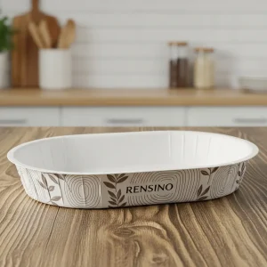 White Oval Paper Tray with Leaf Pattern, Suitable for Food or Display, Customizable for Various Needs