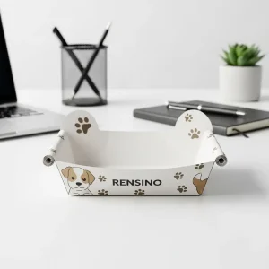 Scatola espositiva di carta bianca con motivo di cane e impronta di zampa, stampa logo personalizzata disponibile