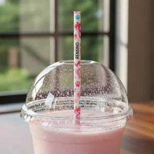 Pink Plastic Cup with Dome Lid and Straw, Suitable for Beverage or Milkshake, Custom Design Available
