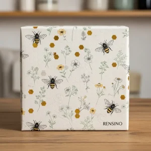 White Paper Gift Box with Bee and Floral Pattern, Custom Design Available