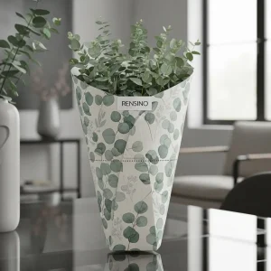 Cono di carta bianco con motivo di eucalipto, adatto per imballaggio regalo o al dettaglio, design personalizzabile