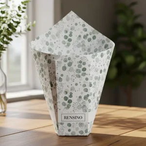 White Paper Cone with Green Leaf Pattern, Suitable for Gift or Retail Packaging, Custom Design Available