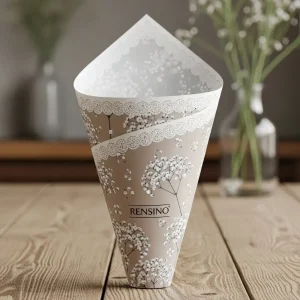 Cono di carta bianco con motivo floreale, adatto per imballaggio regalo o al dettaglio, personalizzabile dalla nostra fabbrica