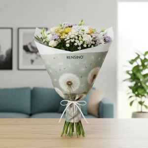 Emballage de bouquet en papier blanc avec motif de pissenlit, adapté pour les cadeaux ou l'emballage floral, usine avec services de R&D et de personnalisation